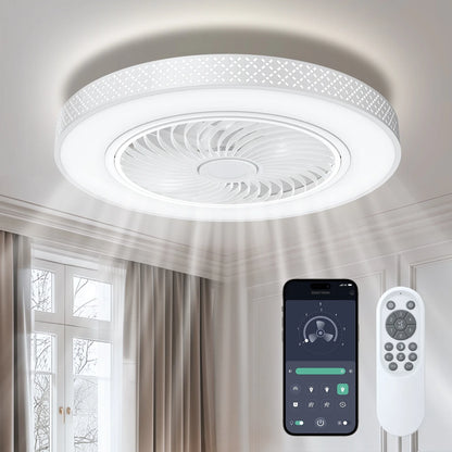 BLITZWILL 20 in Round Ceiling Fans with Lights, Dimmable Color Temperature and 6 Speeds, Remote & APP Control, Flush Mount Bladeless Reversible Motor, White