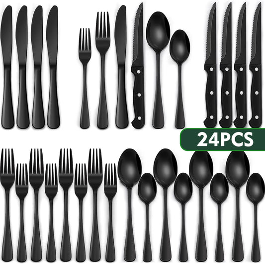 24-Piece Black Silverware Set with Steak Knives, Black Flatware Set for 4, Food-Grade Stainless Steel Tableware Cutlery Set, Mirror Finished Utensil Sets for Home Restaurant