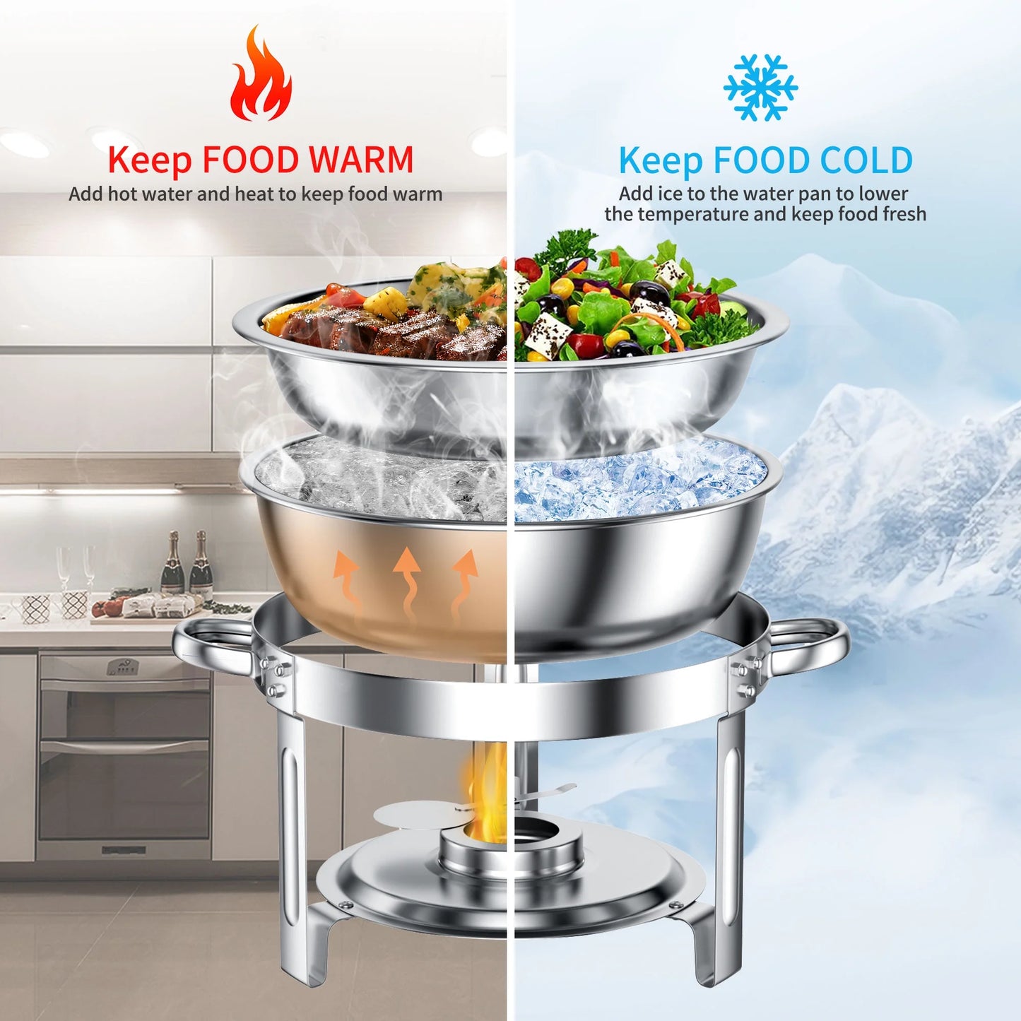 Chafing Dish Buffet Set 4 Pack, TINANA 5QT Stainless Steel Chafing Dishes for Buffet with Glass Lid & Lid Holder, Round Chafers and Buffet Warmers Sets for Parties, Events, Wedding, Camping, Dinner