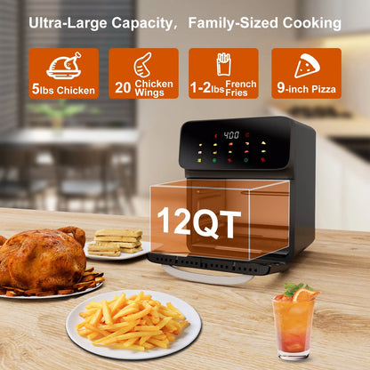 Bluebow Air Fryer 12QT Convection Oven with 10-in-1 Multi Function, Visible Window and Touchscreen, Black