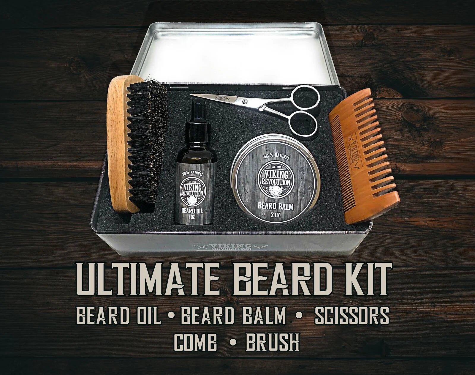 Viking Revolution Beard Care Kit for Men - Beard Brush, Wooden Comb, Beard Balm, Beard Oil, Beard & Mustache Scissors