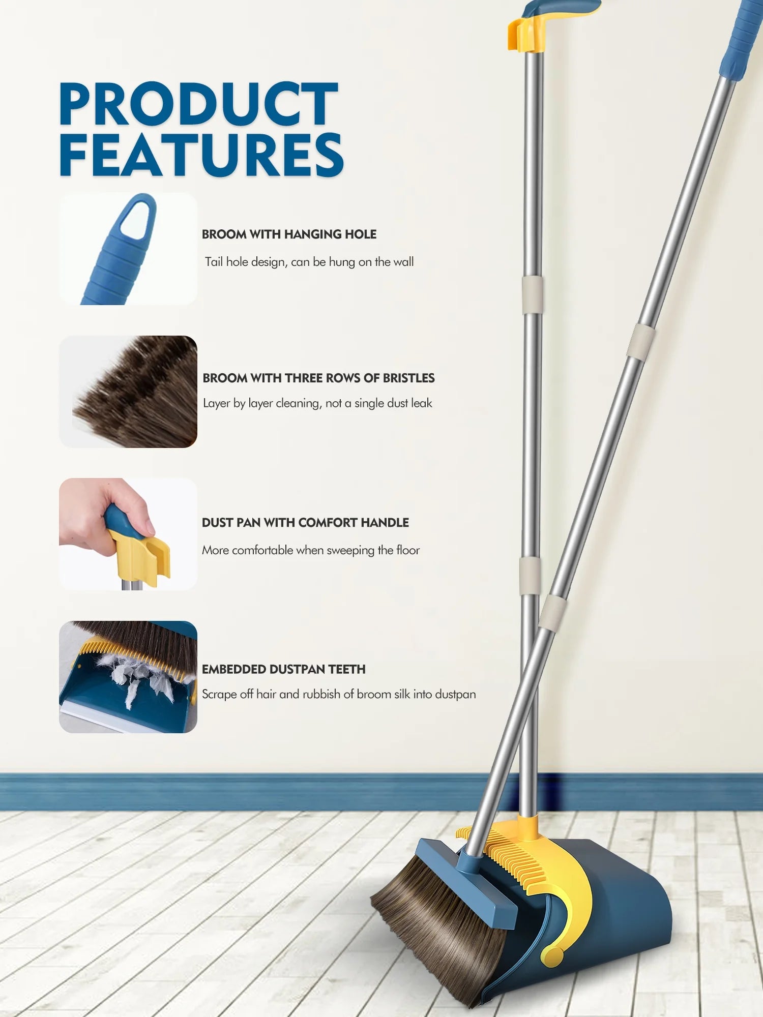 BIMZUC Upgrade 51.2'' Broom and Dustpan Set,Self-Cleaning with Dustpan Teeth,Broom and Dust Pan Combo-Blue