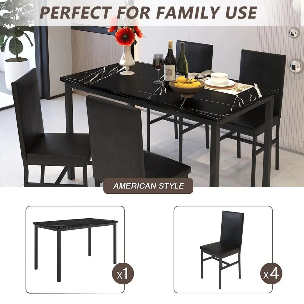 5 Piece Dining Table Set, Modern Faux Marble Tabletop and 4 PU Leather Upholstered Chairs, Rectangle Kitchen Table and Chairs for 4 Persons, Small Dining Set for Bar Dining Room Breakfast Nook