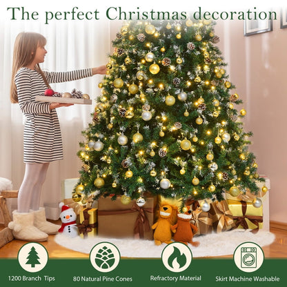 Yexmas 6ft Pre-Lit Realistic Artificial Christmas Trees,Green Christmas Trees with 1200 Flocked Frosted Tips & 80 Pine Cones,LED Lights Christmas Trees with 48 Inch Christmas Tree Skirt White