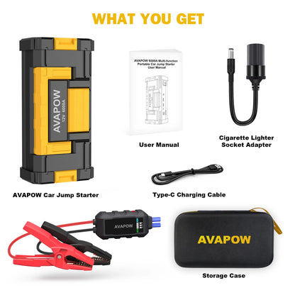 AVAPOW 6000A Car Battery Jump Starter, Portable Car Jump Starter with Dual USB Quick Charge and DC Output, 12V Jump Pack with Built-in LED Bright Light, Yellow