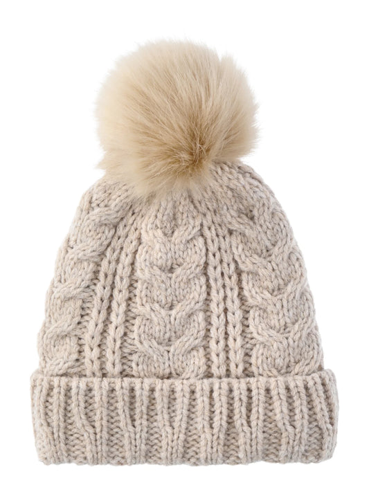 Time and Tru Women's Pom Cable Knit Winter Beanie, Oatmeal Heather