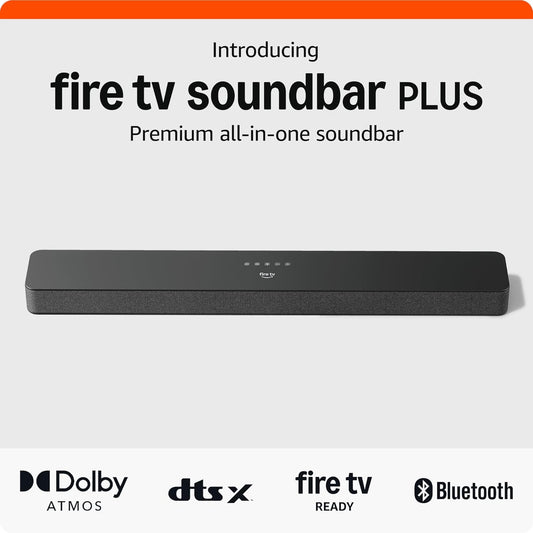 Introducing Amazon Fire TV Soundbar Plus, 3.1 channel, all-in-one design, Dolby Atmos, DTS:X, clear dialogue, 2024 release