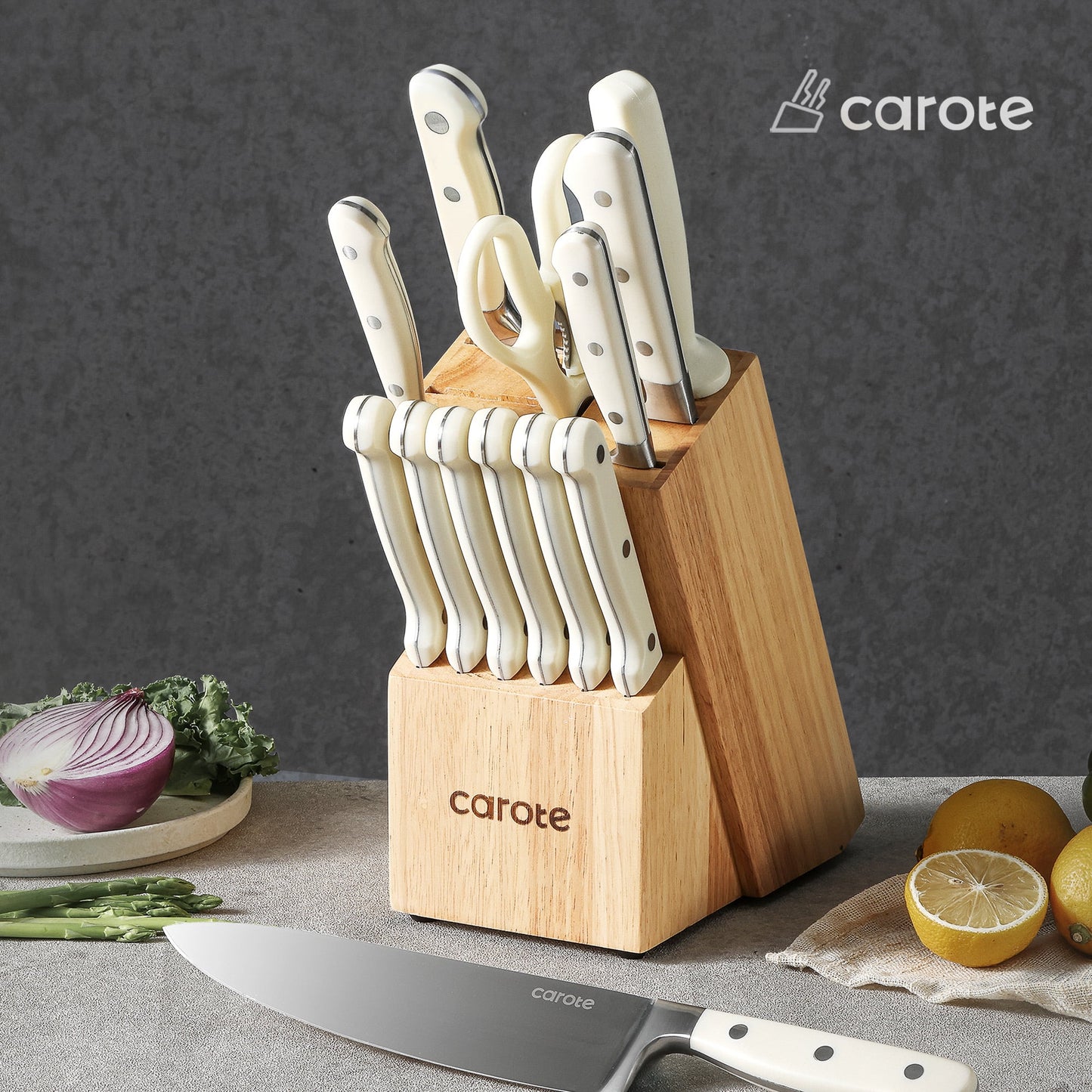 CAROTE 14 Pieces Knife Set with Wooden Block Stainless Steel Knives with Ergonomic Handle, Forged, White