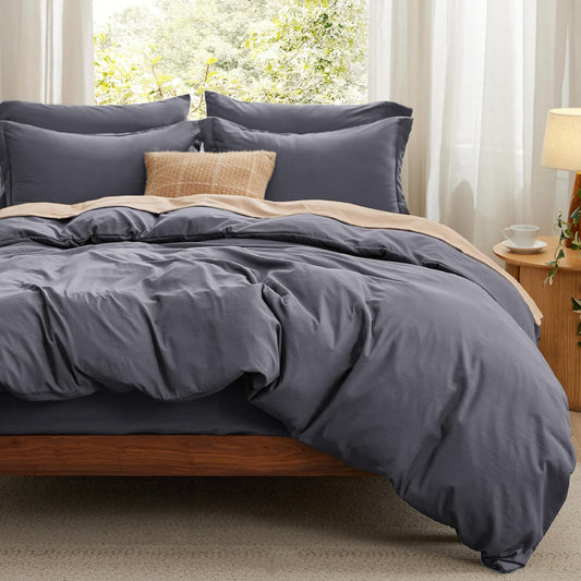 Bedsure Dark Grey Duvet Cover Queen Size - Soft Prewashed Queen Duvet Cover Set with Fitted Sheet, 6 Pieces, Includes 1 Duvet Cover 90x90 Inches, 2 Pillow Shams, 2 Pillowcases, 1 Fitted Sheet