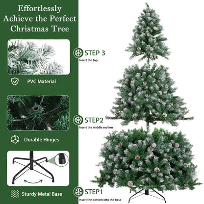 Yexmas 6ft Pre-Lit Realistic Artificial Christmas Trees,Green Christmas Trees with 1200 Flocked Frosted Tips & 80 Pine Cones,LED Lights Christmas Trees with 48 Inch Christmas Tree Skirt White