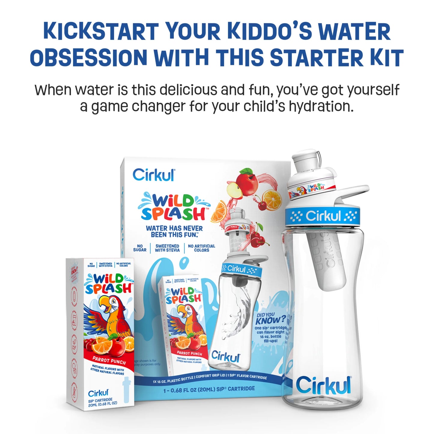 Cirkul 16oz Plastic Water Bottle Starter Kit with Blue Lid, 1 Flavor Cartridge (Wild Splash Parrot Punch)