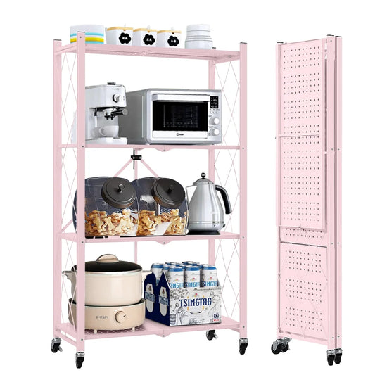 COOKCOK 4-Tier Storage Shelving Unit, Metal Shelf, Foldable Storage Shelf with Wheels, 27.9"x13.4"x49.72" Garage Shelf, Kitchen Shelf with 4 Hooks, No Assemble Require, Pink