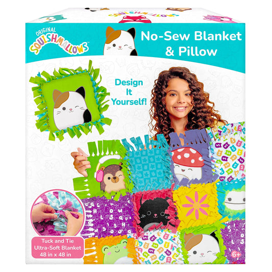 Squishmallows Pattern No-Sew Blanket & Pillow Tween DIY Craft Kit, Multicolor