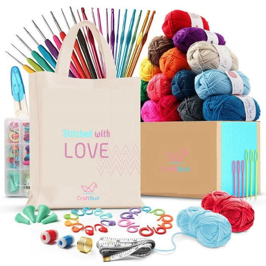 Craftbud 73 Piece Beginners Crochet Kit with Crochet Hooks Yarn Set, Premium Bundle Includes Yarn Balls, Needles, Accessories Kit, Canvas Tote Bag for Travel