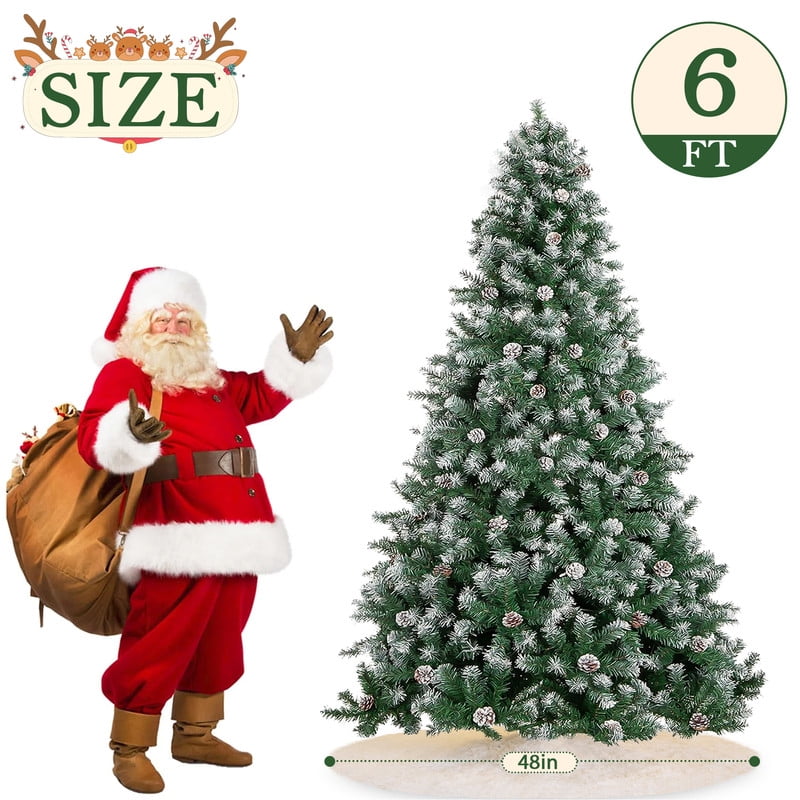 Yexmas 6ft Pre-Lit Realistic Artificial Christmas Trees,Green Christmas Trees with 1200 Flocked Frosted Tips & 80 Pine Cones,LED Lights Christmas Trees with 48 Inch Christmas Tree Skirt White