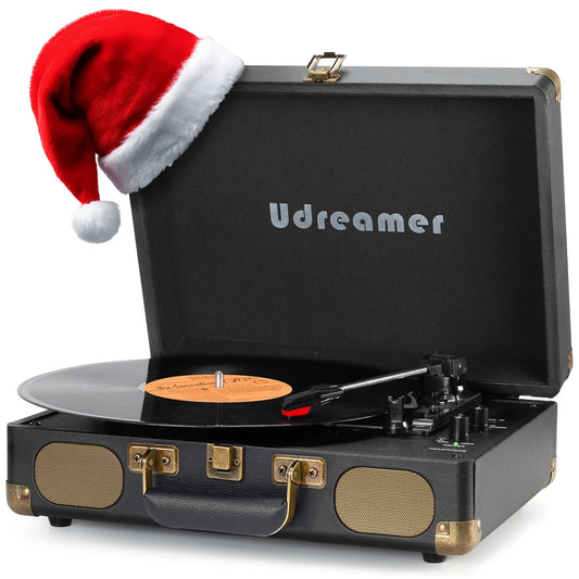 Udreamer Bluetooth Portable Suitcase Record Player with 3-speed Turntable & Built-in Speakers | Black