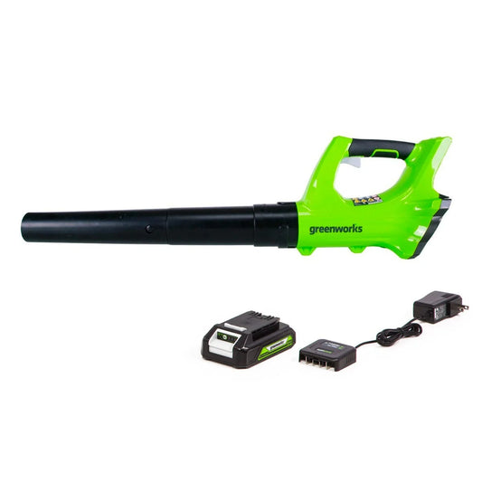 Greenworks 24V 330 CFM 100 mph Cordless Leaf Blower with 2.0 Ah Battery and Charger, 2403502AZ