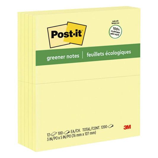 Post-it Recycled Paper Greener Notes, 3 x 5 Inches, Canary Yellow, Pad of 100 Sheets, Pack of 12