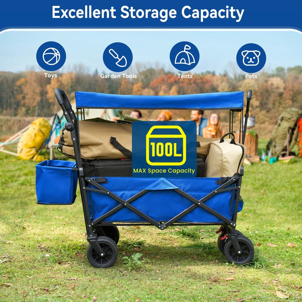 Collapsible Garden Wagon Cart with Removable Canopy, VECUKTY Foldable Wagon Utility Carts with Wheels and Rear Storage, for Garden Camping Grocery Shopping Cart,Blue