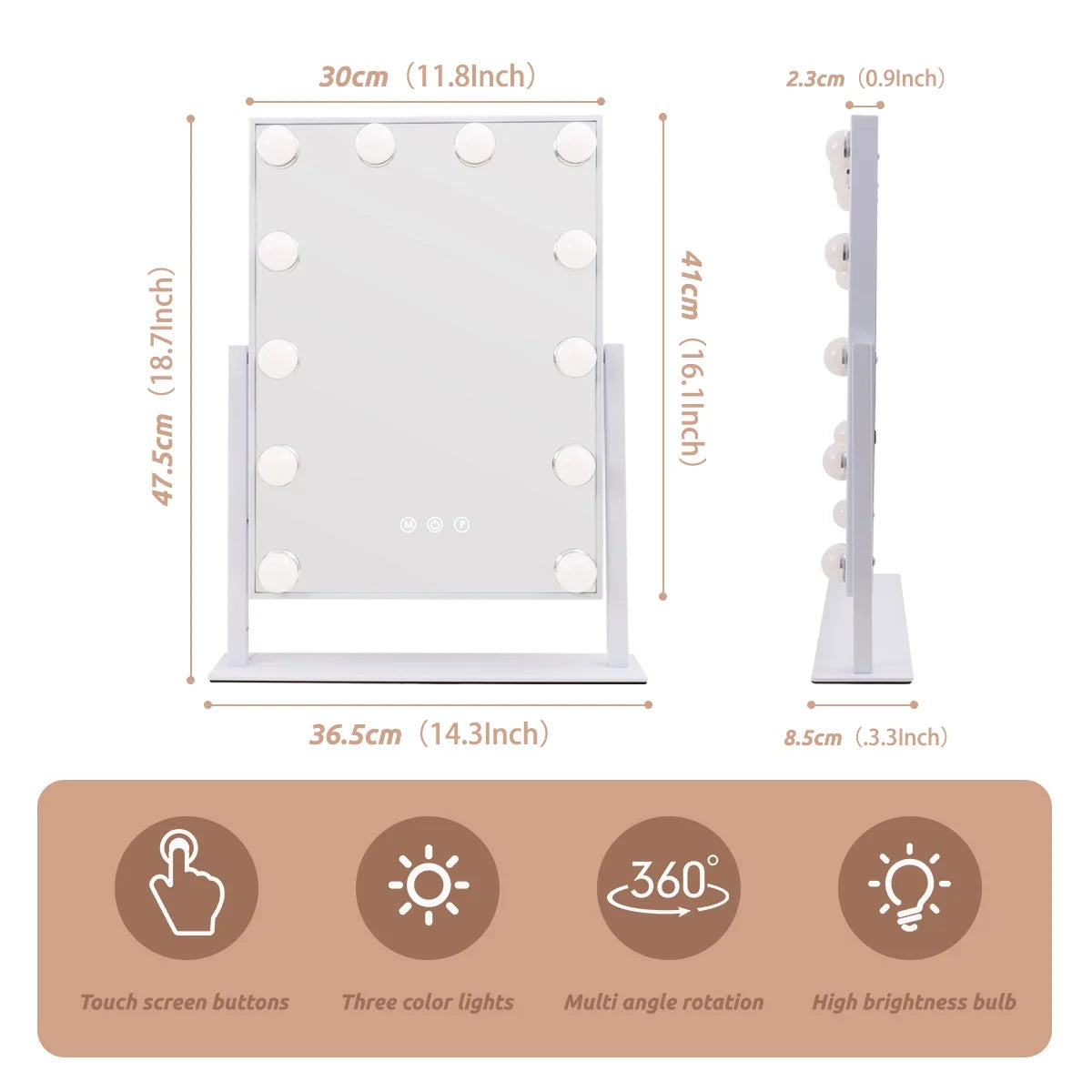 Fenair 14''x18'' Vanity Makeup Mirror with Lights Tabletop Metal White