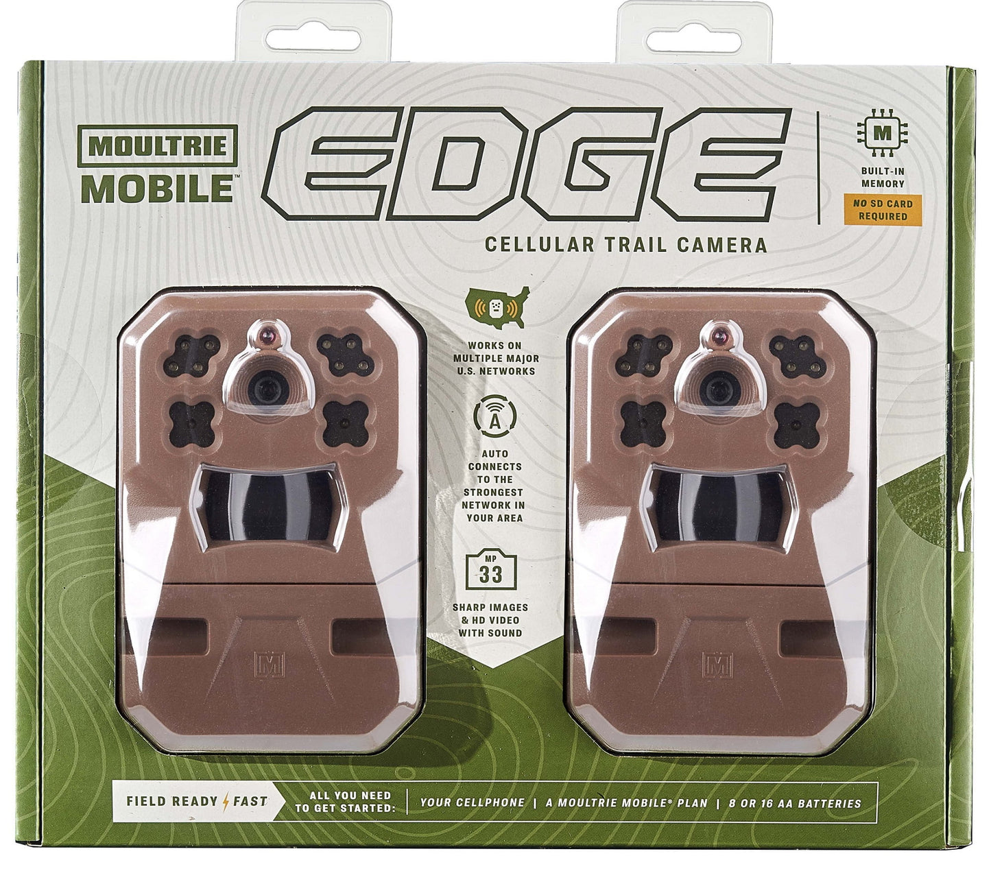 Moultrie Edge Cellular Trail Camera - Auto Connect - Nationwide Coverage - HD Video-Audio - Built in Memory - Cloud Storage - 80 ft Low Glow IR LED Flash (2-Pack)