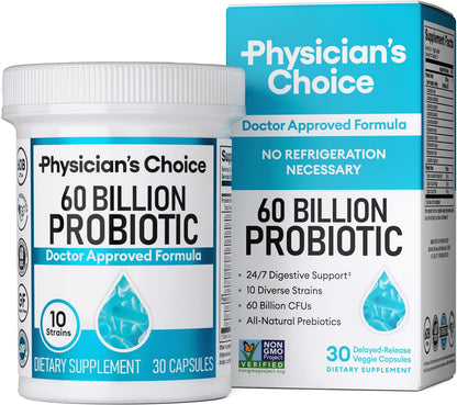 Physician's Choice Probiotics 60 Billion CFU - 10 Strains + Organic Prebiotics - Immune, Digestive & Gut Health - Supports Occasional Constipation, Diarrhea, Gas & Bloating - for Women & Men - 30ct