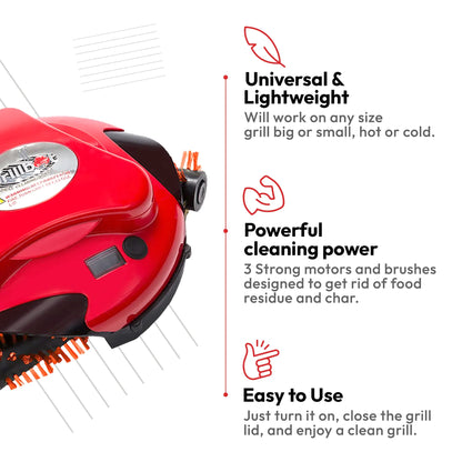 Grillbot Automatic BBQ Grill Cleaning Robot with 3 Powerful Nylon Grill Brushes & Carry Case (Red)