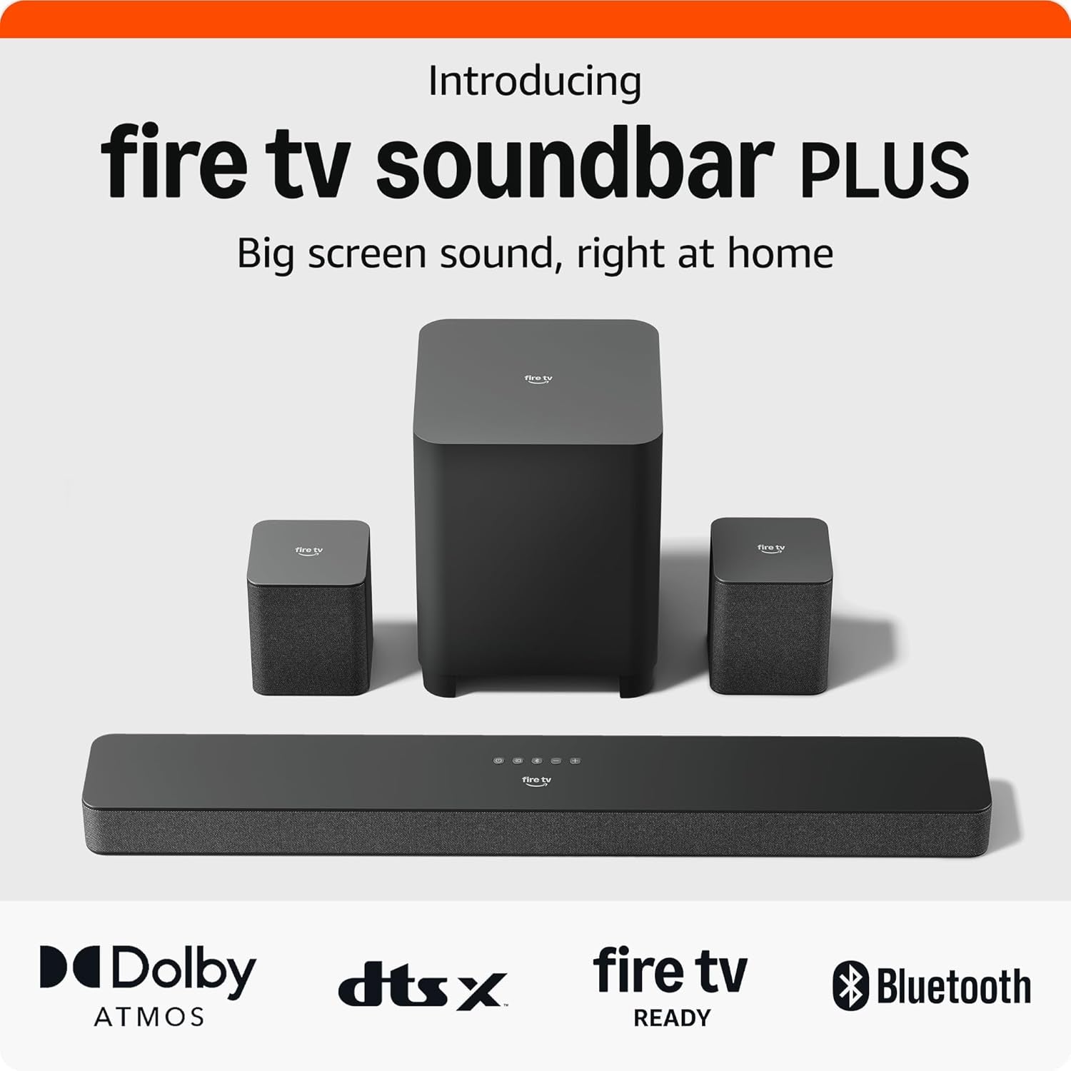 Introducing Amazon Fire TV Soundbar Plus with subwoofer and surround sound speakers, 5.1 channel, Dolby Atmos, DTS:X, clear dialogue, 2024 release