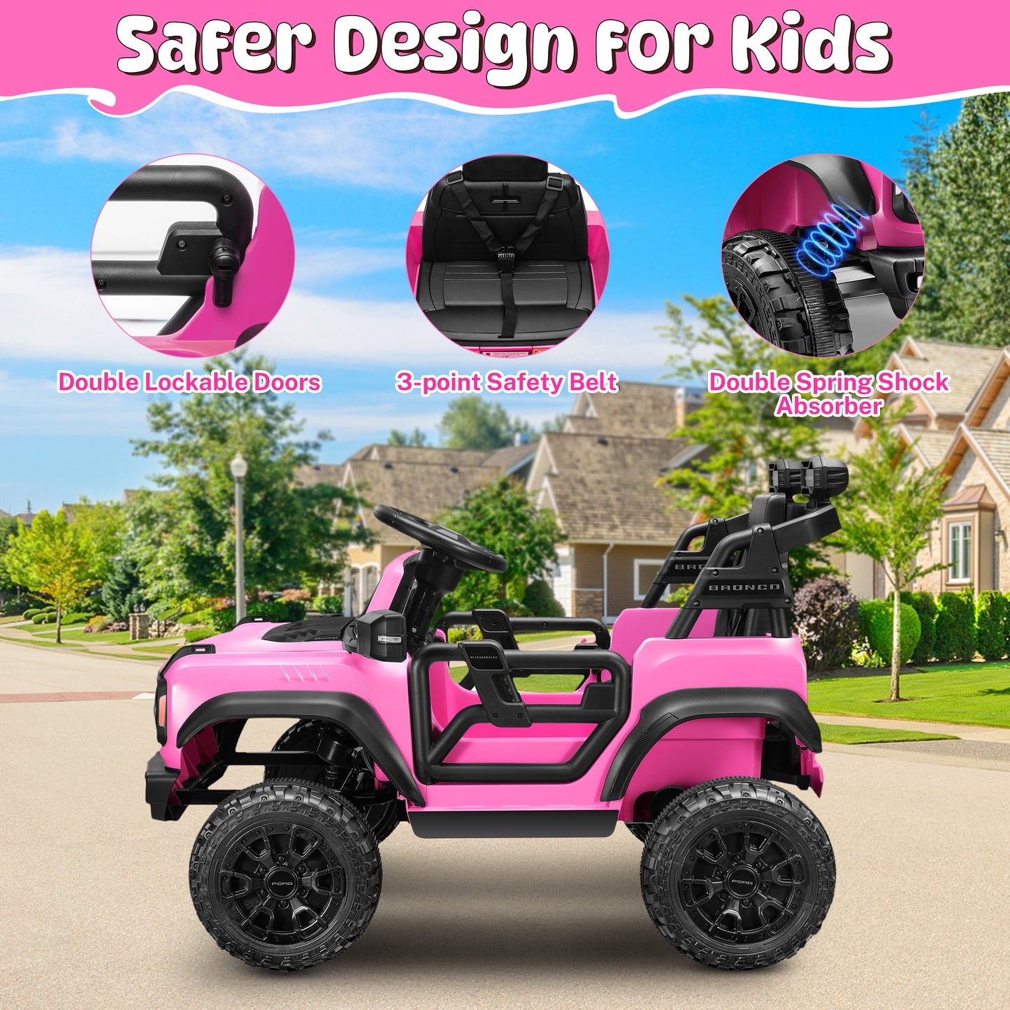 Ford Ride on Toy Cars, 12V Ford Bronco Raptor Powered Ride on Truck with Remote Control, Electric Car for Kids Girls 3-5 Gift with Bluetooth, Bright LED Headlight, Safety Belt, 4 Wheelers, Pink