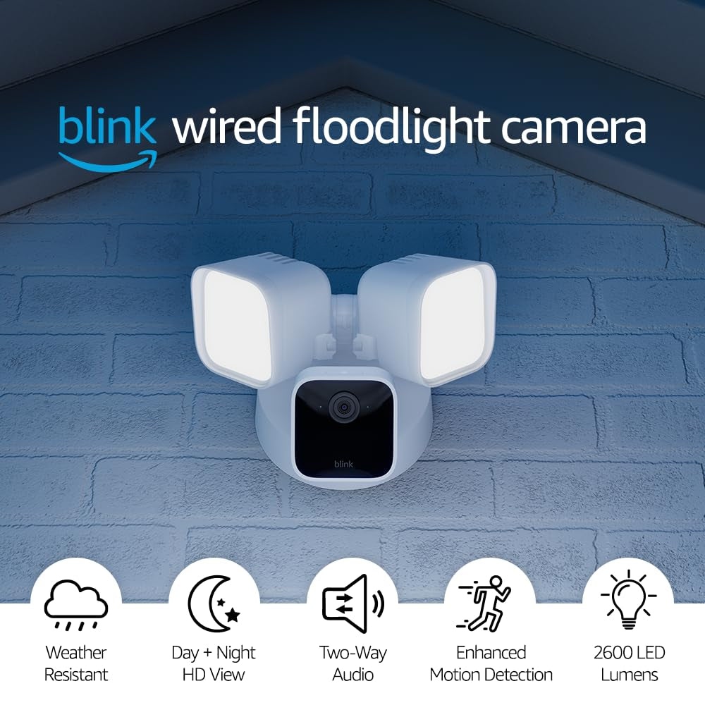 Like-New Blink Wired Floodlight Camera – Smart security camera, 2600 lumens, HD live view, enhanced motion detection, built-in siren, Works with Alexa – 1 camera (White)