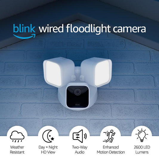 Like-New Blink Wired Floodlight Camera – Smart security camera, 2600 lumens, HD live view, enhanced motion detection, built-in siren, Works with Alexa – 1 camera (White)