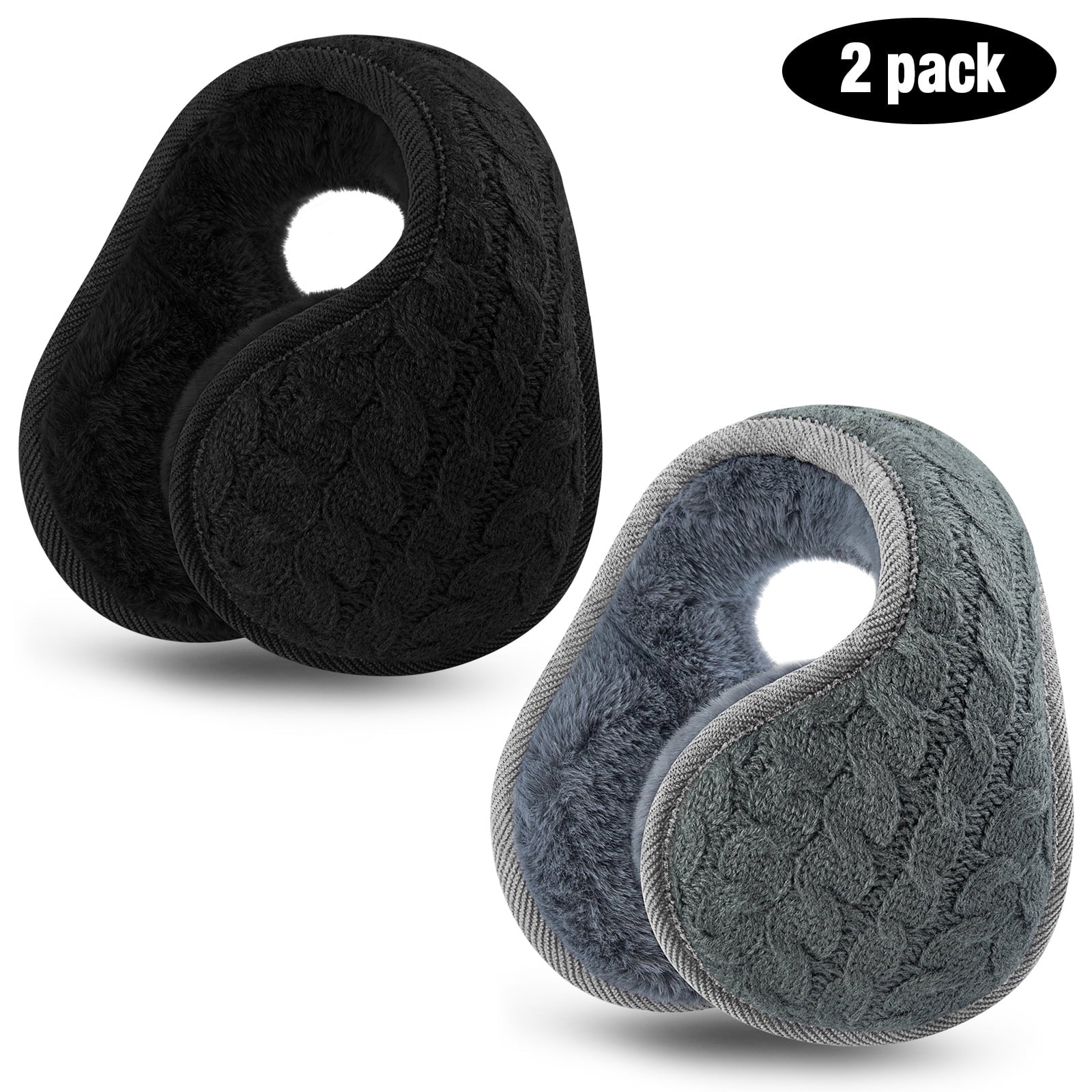 Loritta 2 Pacs Winter Earmuffs for Women Men, Foldable Warm Cable Knit Fleece Ear Muffs Black and Gray