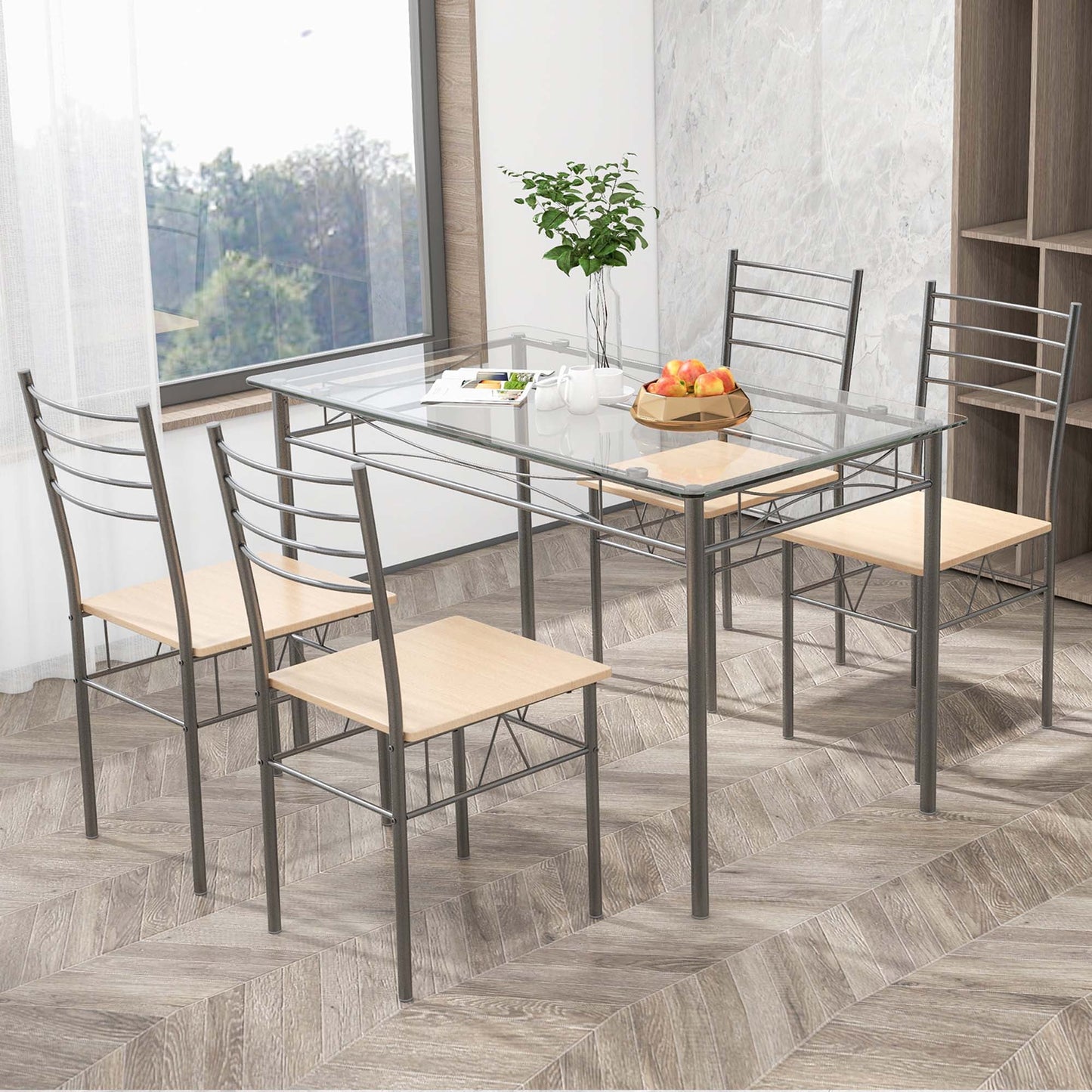 Costway 5 Piece Dining Set Table and 4 Chairs Glass Top Kitchen Breakfast Furniture Brown