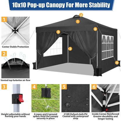 HOTEEL Canopy 10x10 Waterproof Pop up Canopy Tent with 4 Sidewalls Outdoor Event Shelter Tent for Parties Sun Shade Party Commercial Canopy with Air Vent & Carry Bag, Black