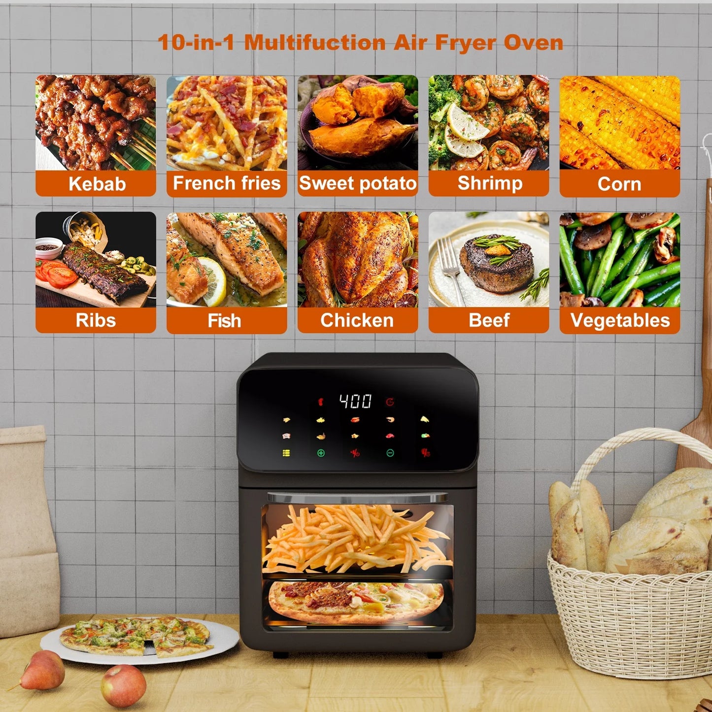 Bluebow Air Fryer 12QT Convection Oven with 10-in-1 Multi Function, Visible Window and Touchscreen, Black