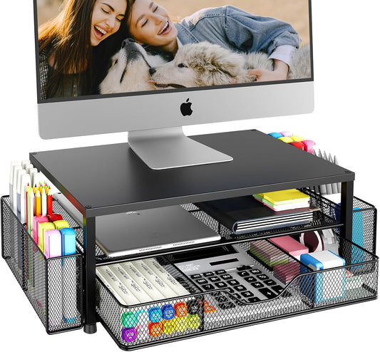 Desk Organizers and Accessories, 2-Tier Computer Monitor Stand for Desk Organizer with Drawer and 2 Pen Holders, Office Desk Accessories Workspace Desktop Organizers for Office Supplies, Black