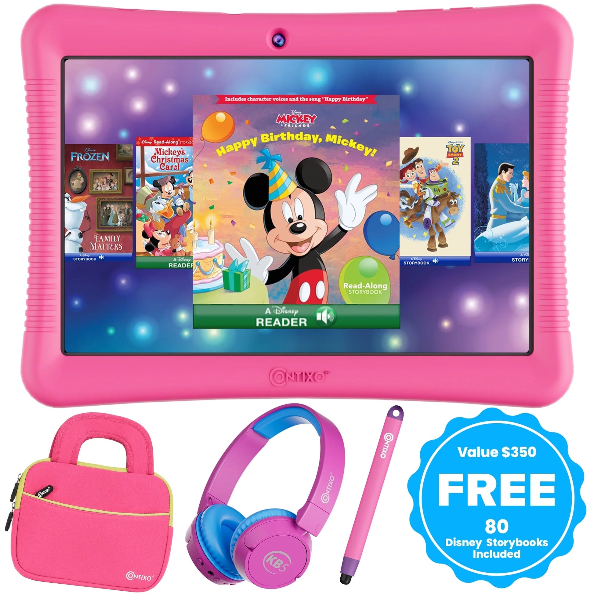 Contixo 10" Kids Tablet Bundle, 80 FREE Disney eBooks, Bluetooth Headphones, Case, Stylus, 32GB, Parental Controls, Tablet for kids 3-7 - Pink