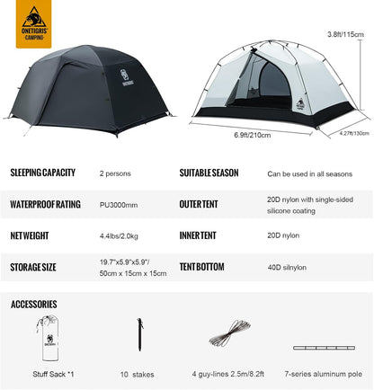 OneTigris Stella 4 Season Camping Tent Backpacking 2 Person Waterproof Lightweight Easy Setup Instant 3000mm Waterproof Rating Outdoor Hiking Tent