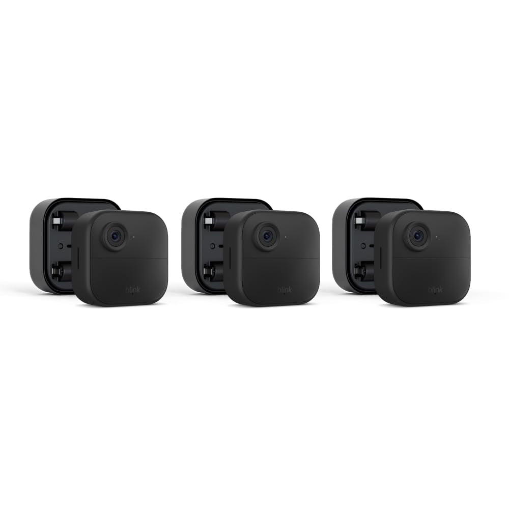 Blink Outdoor 4 (newest model) + Battery Extension Pack — Four-year battery wireless smart security camera, two-way audio, HD live view, enhanced motion detection — 3 camera system