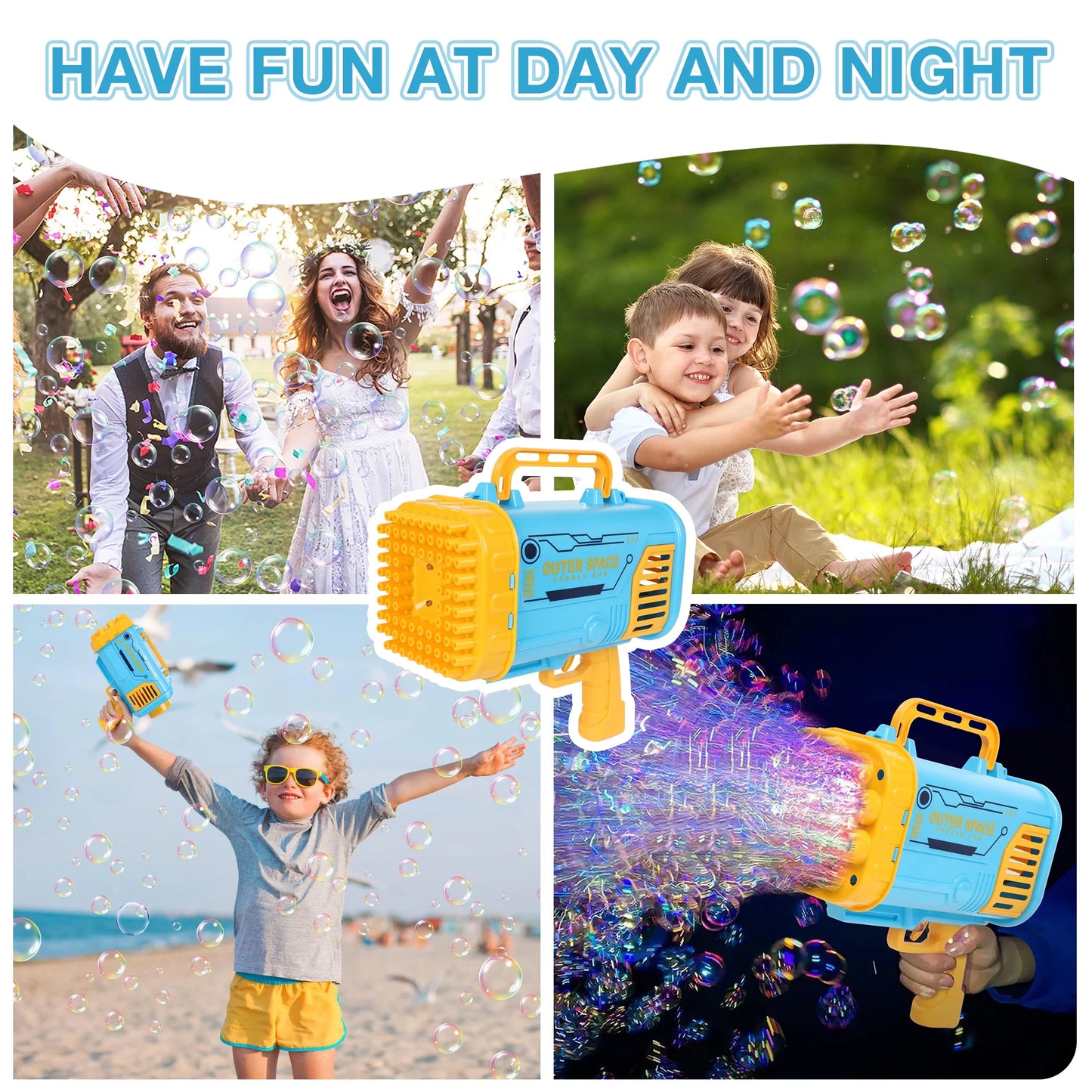 Wisairt Bubble Machine,80 Holes Bubble Blowing Toys with Replaceable Nozzles,2 Bubble Solution and Colorful Lights,Bubble Toys Outdoor Birthday Wedding Party(Blue & Yellow)