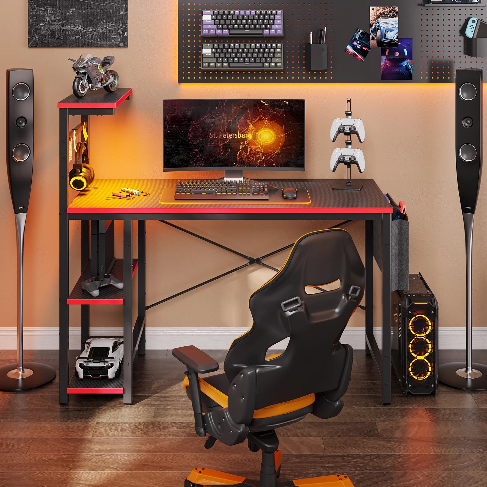 Bestier Computer Gaming PC Desk 44 inch Gamer Table with LED Lights, Reversible 4 Tier Storage Shelves Carbon Fiber