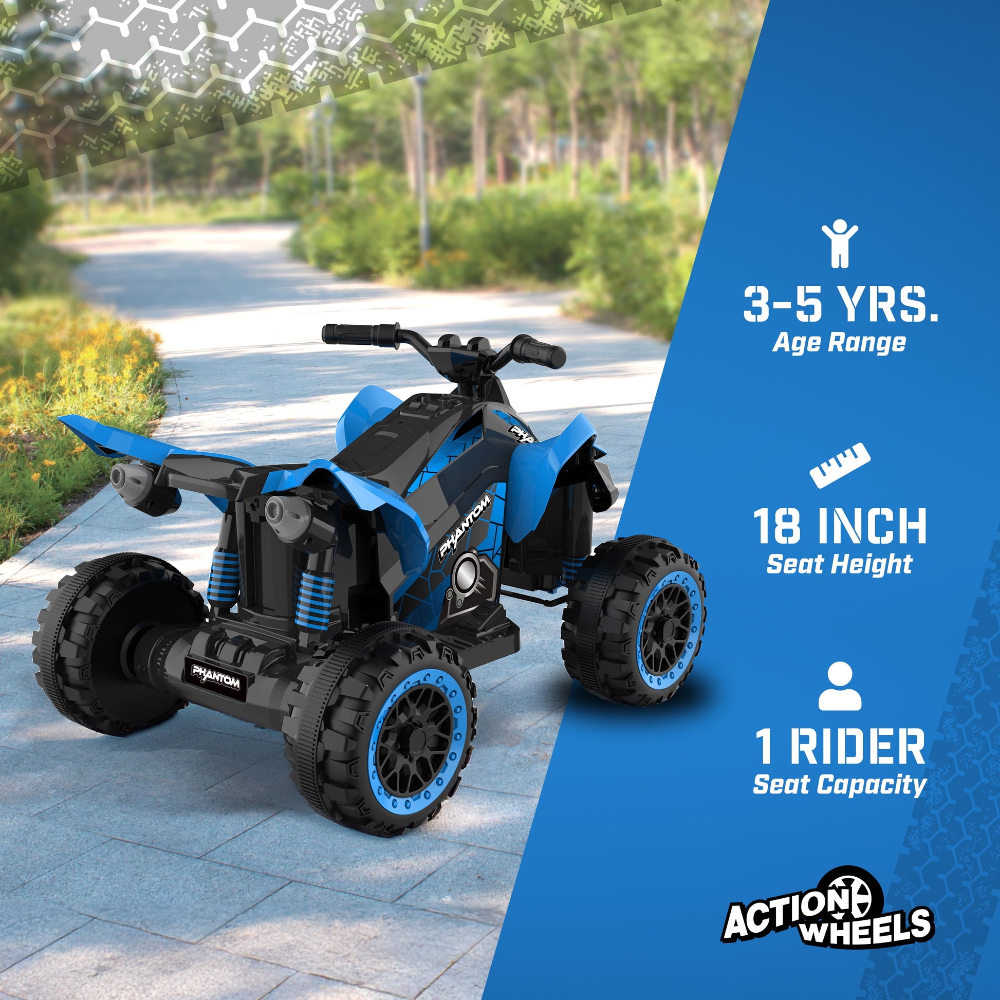 12 Volt Blue Phantom ATV Action Wheels Branded Battery Powered Rideon for Boys and Girls Ages 2 to 4 Years Old