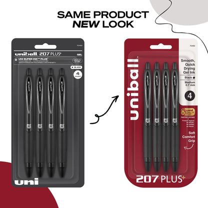 Uniball 207 Plus+ Retractable Gel Pens, Medium Point (0.7mm), Black Ink, 4 Count