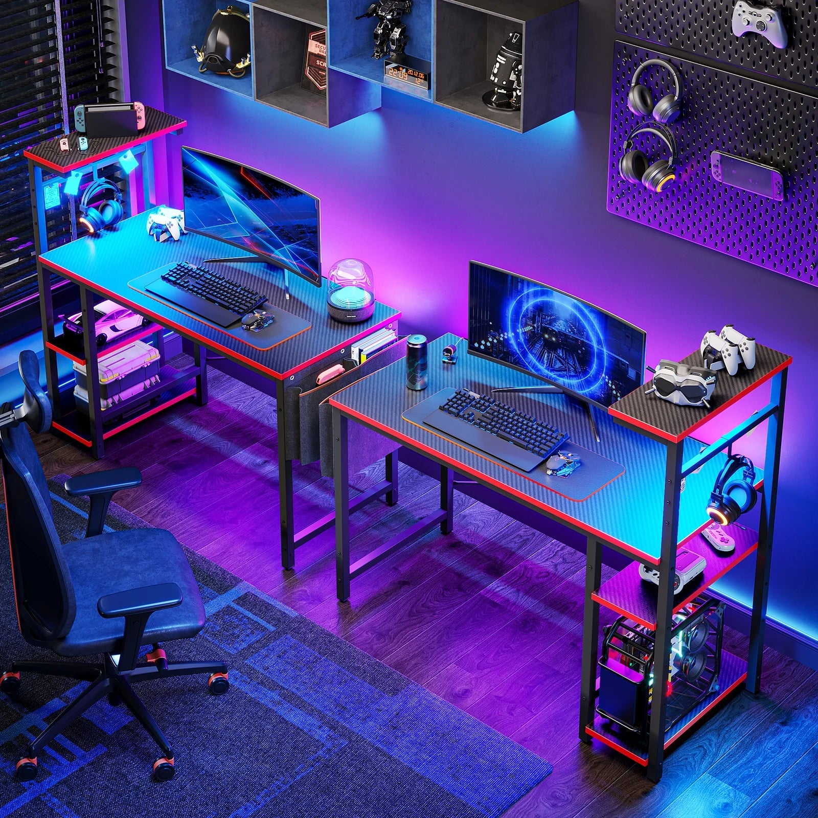 Bestier Computer Gaming PC Desk 44 inch Gamer Table with LED Lights, Reversible 4 Tier Storage Shelves Carbon Fiber