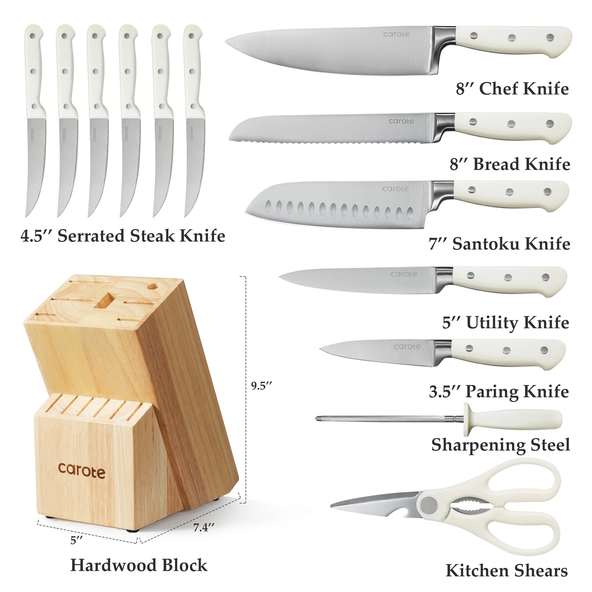 CAROTE 14 Pieces Knife Set with Wooden Block Stainless Steel Knives with Ergonomic Handle, Forged, White