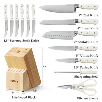 CAROTE 14 Pieces Knife Set with Wooden Block Stainless Steel Knives with Ergonomic Handle, Forged, White