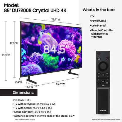 SAMSUNG 85” Class DU7200B Crystal UHD 4K Smart TV UN85DU7200BXZA 2024