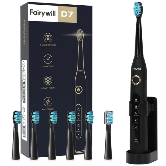 Fairywill Sonic Electric Toothbrush,Power Toothbrushes with 6 Rechargeable Brush Heads,IPX7 Waterproof 5Modes 30Days Battery Life Suitable for Short Business Trips,Black