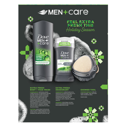 Dove Men+Care Festive Fresh Holiday Men's Gift Set Body + Fash Wash Deodorant Stick & Shower Tool, 3 Count