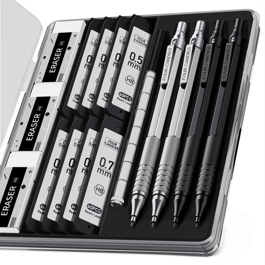 Four Candies 4PCS Metal Mechanical Pencils Set with Case, 0.5mm & 0.7 mm Artist Pencil with 8 Tubes (480PCS) HB Lead Refills, 3 Erasers,9 Eraser Refills For Writing Drafting, Drawing, Black&Sliver